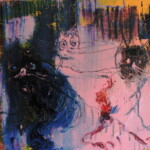 Title: Cats behind the fence / Kocky za plotem / Medium : Oil on Canvas /Dimension :45x50cm / Year: 2018 / Status: available / dostupne
